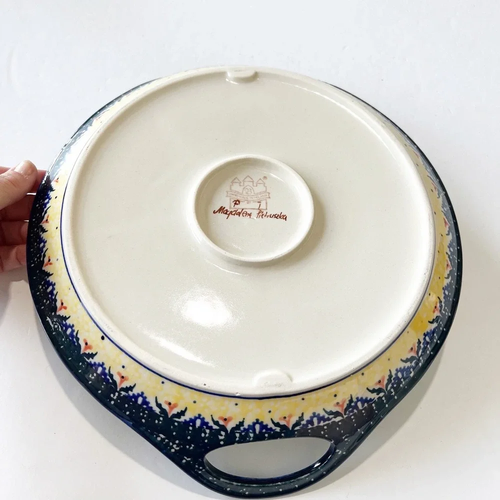 Boleslawiec Polish Pottery Yellow Blue Round Serving Tray w/ Handles Coneflower